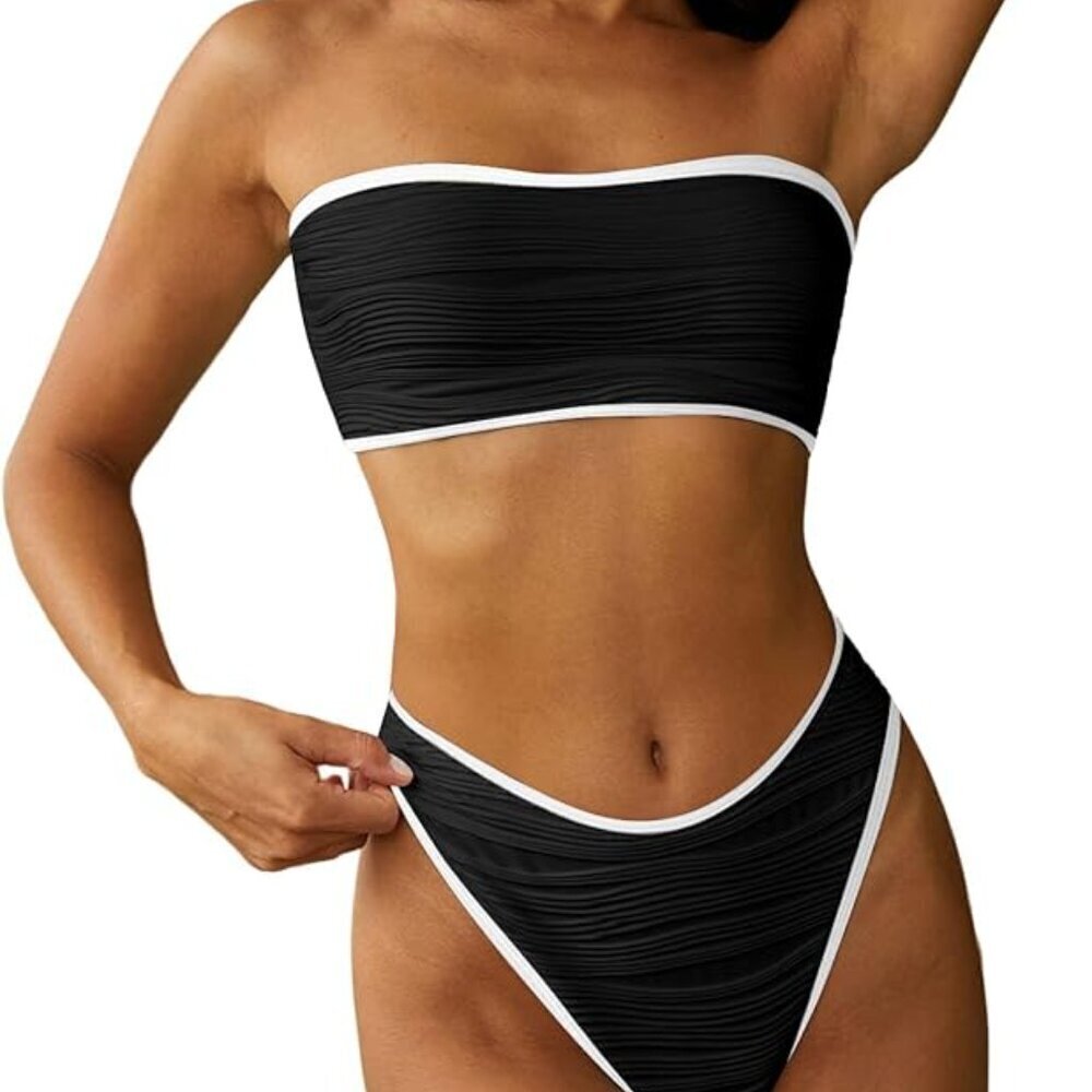 ZAFUL Women Strapless Textured Bandeau Bikini 2 Piece Swimwear